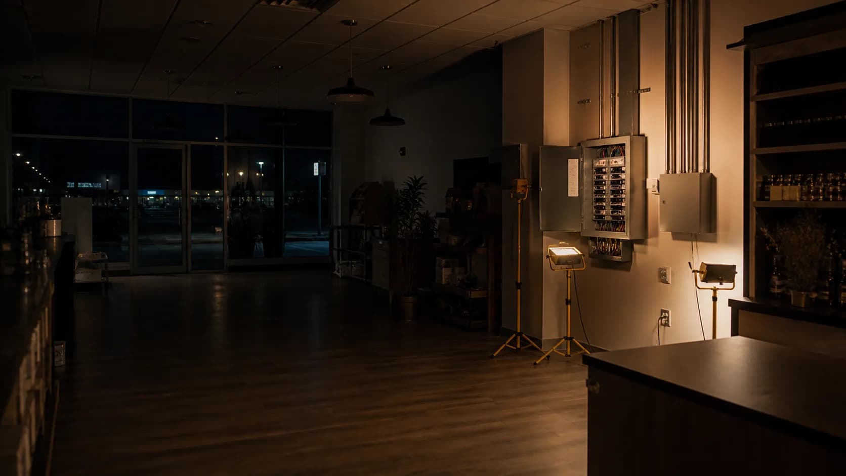 Empty commercial space during planned after-hours electrical work with portable work lights