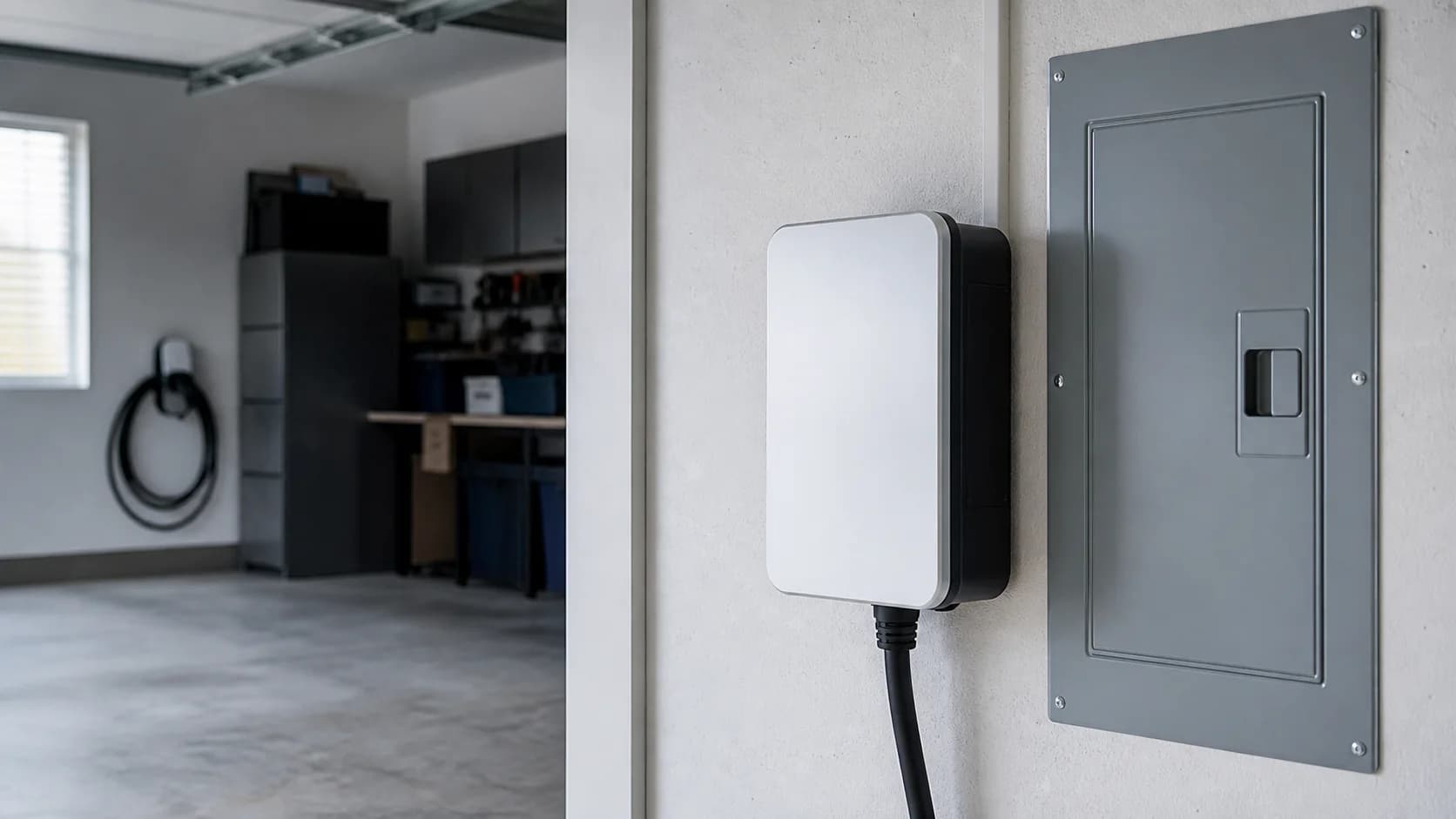 Residential electrical load-management controller installed beside a garage electrical panel
