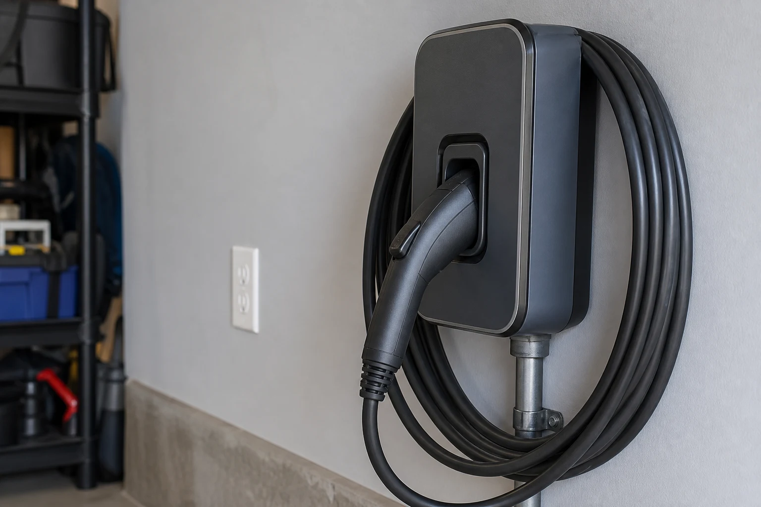 Professionally installed Level 2 EV charger in a Calgary-area garage