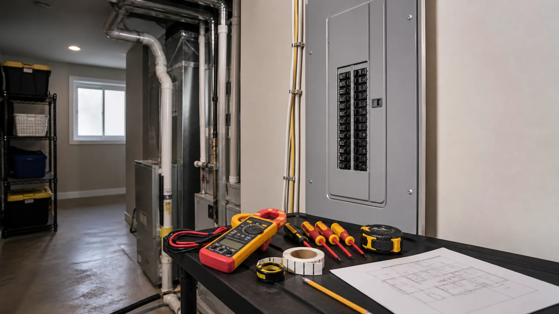 Electrical tools and a modern electrical panel in a clean Calgary utility room